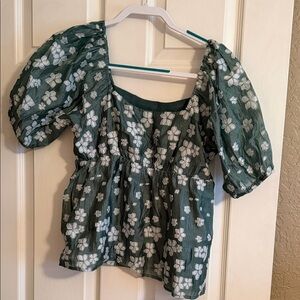 Altar'd State Green Floral Puff Sleeve Blouse